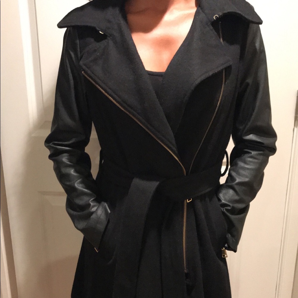 Bebe wool/ leather black trench coat